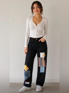 H&M Upcycled Black Cotton Denim Jeans with Denim and Fabric Patches